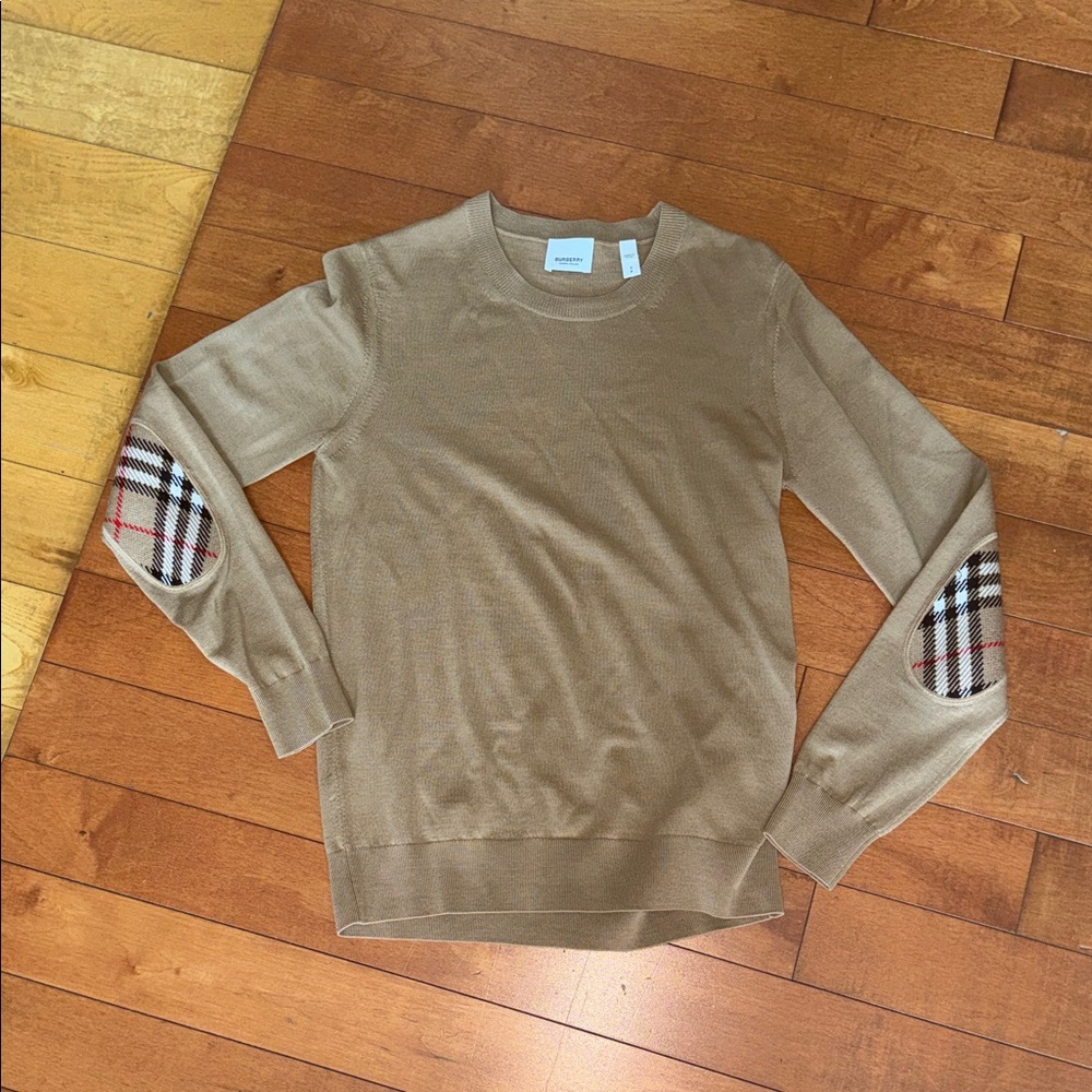 Burberry Tan Crewneck Sweater with Plaid Accents